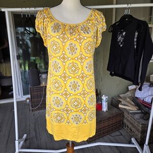 Juicy Couture Yellow Silk Blend Shift Dress Medallion Print Size M
